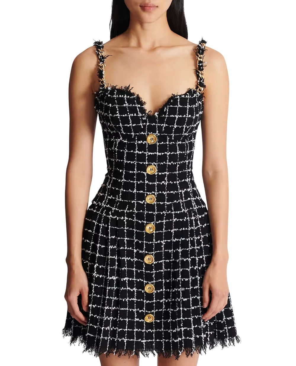 Твидовое платье с цепочками на бретелях Balmain GF1R5163XL62, черный цвет • Купить в интернет-магазине Kameron