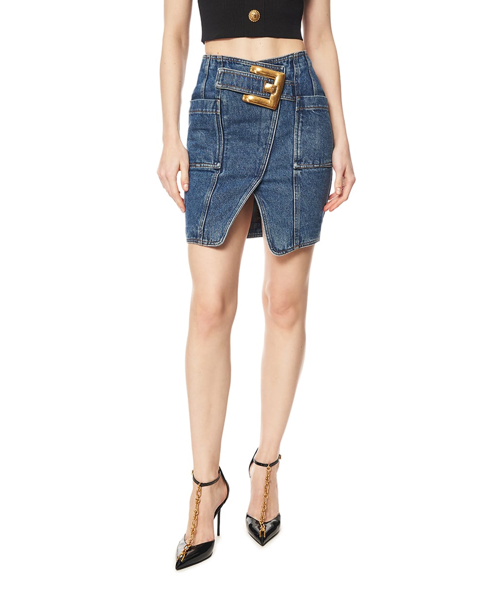 Коротка спідниця джинсова з поясом Balmain GF1LBB28DG08, синій колір • Купити в інтернет-магазині Kameron