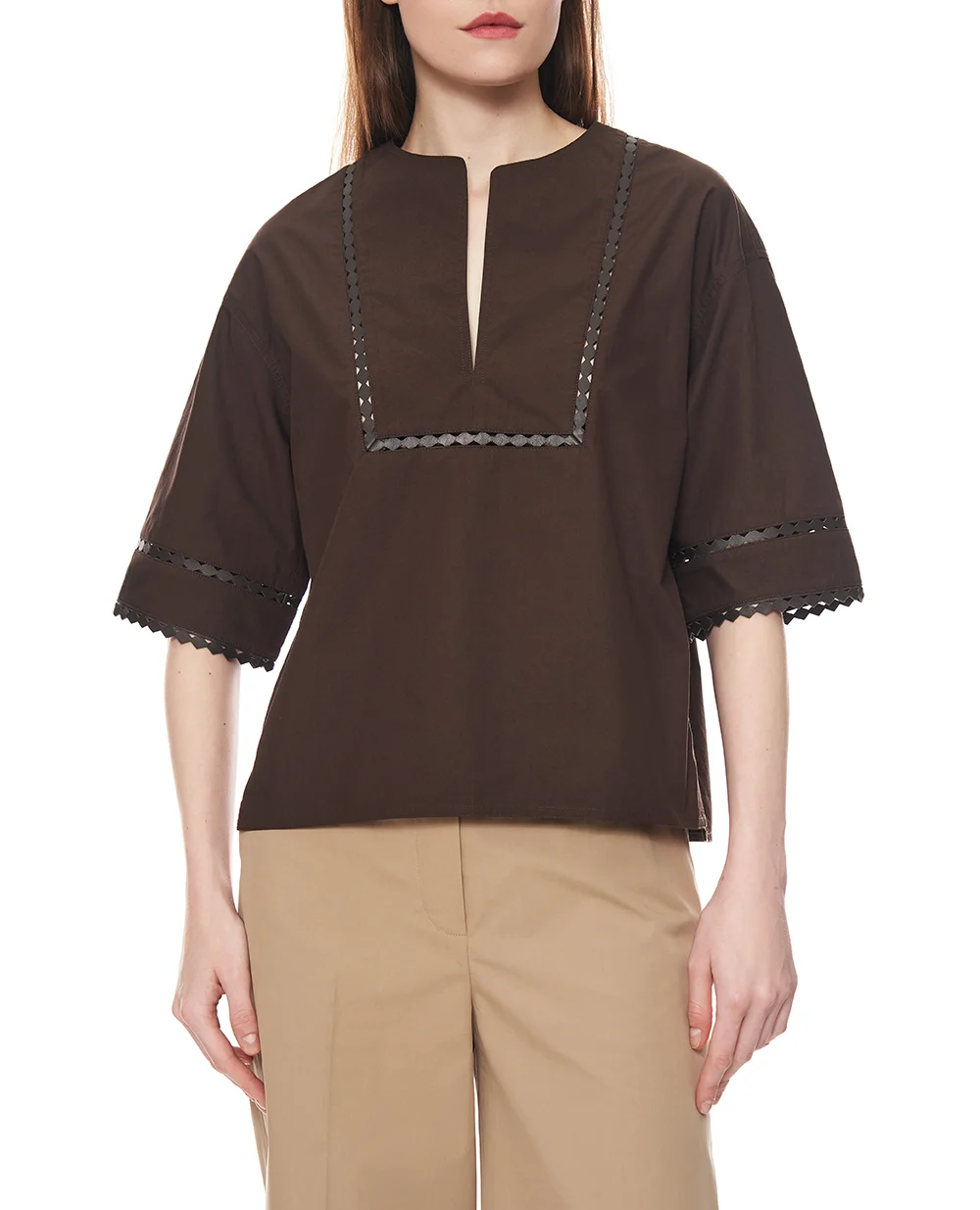 Блузка с кожаными деталями Yves Salomon 26EYH03860COAP, коричневый цвет • Купить в интернет-магазине Kameron