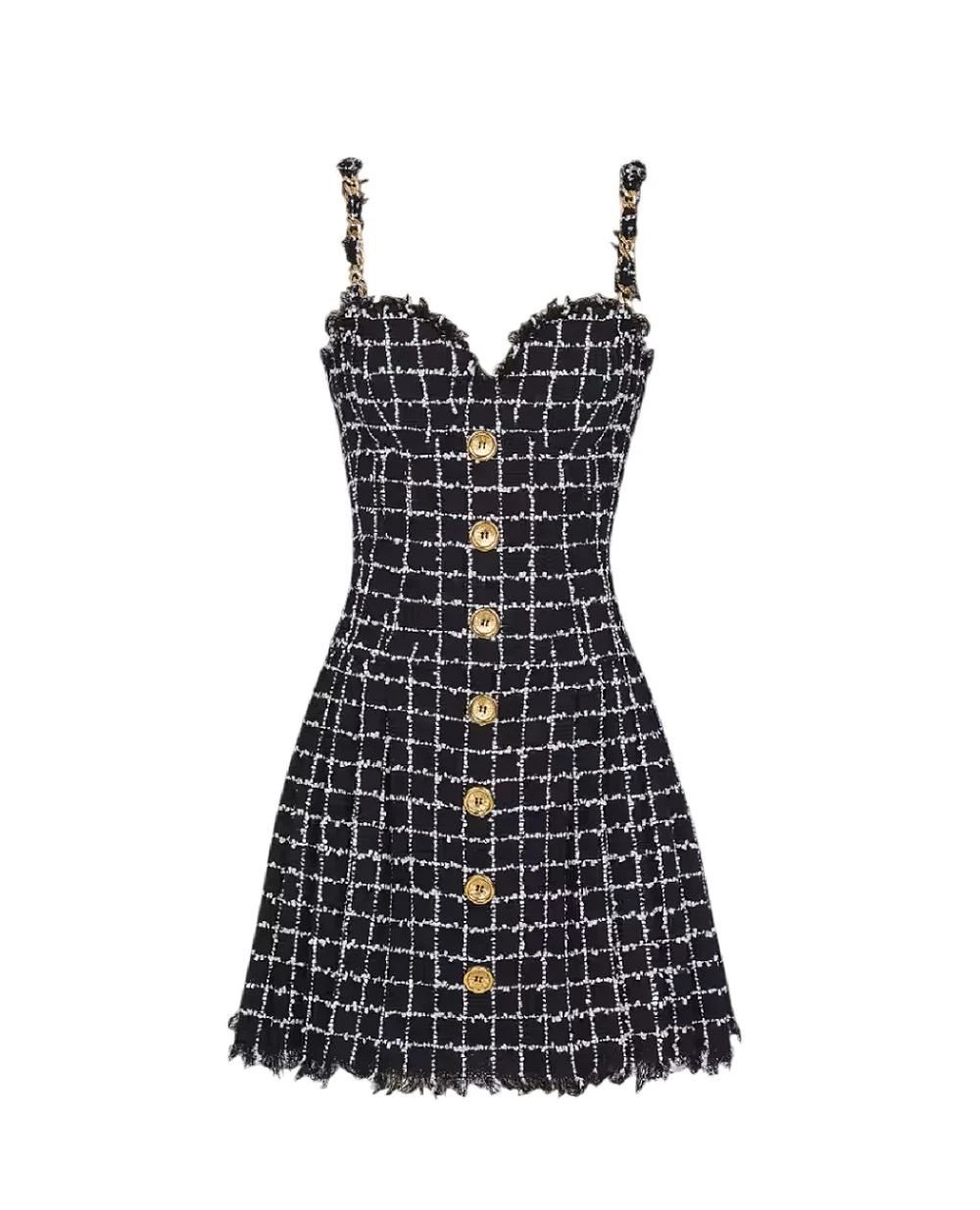 Твидовое платье с цепочками на бретелях Balmain GF1R5163XL62, черный цвет • Купить в интернет-магазине Kameron