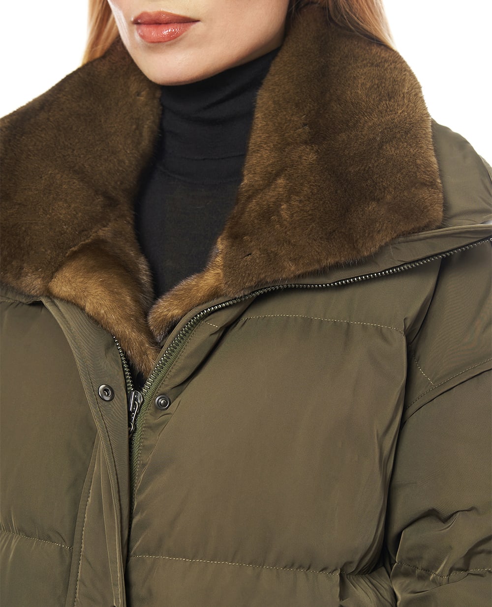 Пуховик подовжений з норкою хутром Yves Salomon 26WFM05080A22X, зелений колір • Купити в інтернет-магазині Kameron