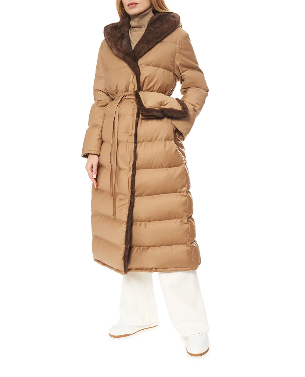 Пальто длинное из шерсти и меха норки Yves Salomon 26WYM02025WO2W, бежевый цвет • Купить в интернет-магазине Kameron