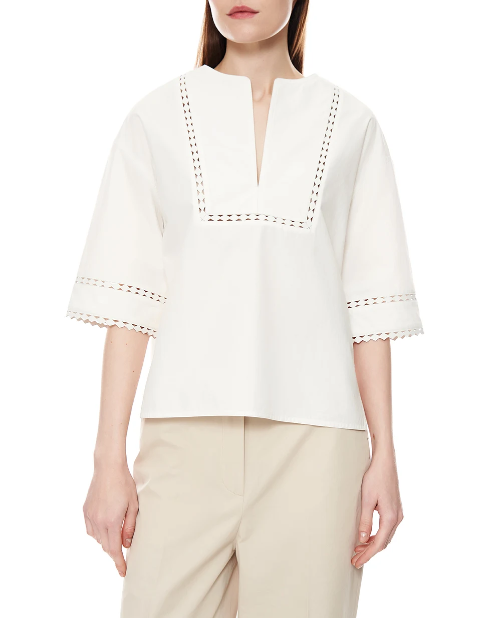 Блузка с кожаными деталями Yves Salomon 26EYH03860COAP, белый цвет • Купить в интернет-магазине Kameron