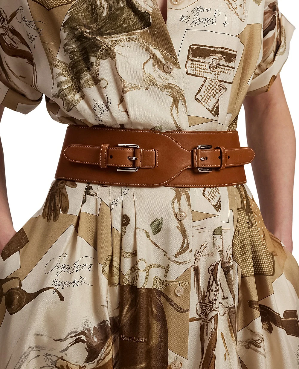 Широкий пояс с двойной пряжкой из телячьей кожи Ralph Lauren Collection 408P02318001, коричневый цвет • Купить в интернет-магазине Kameron