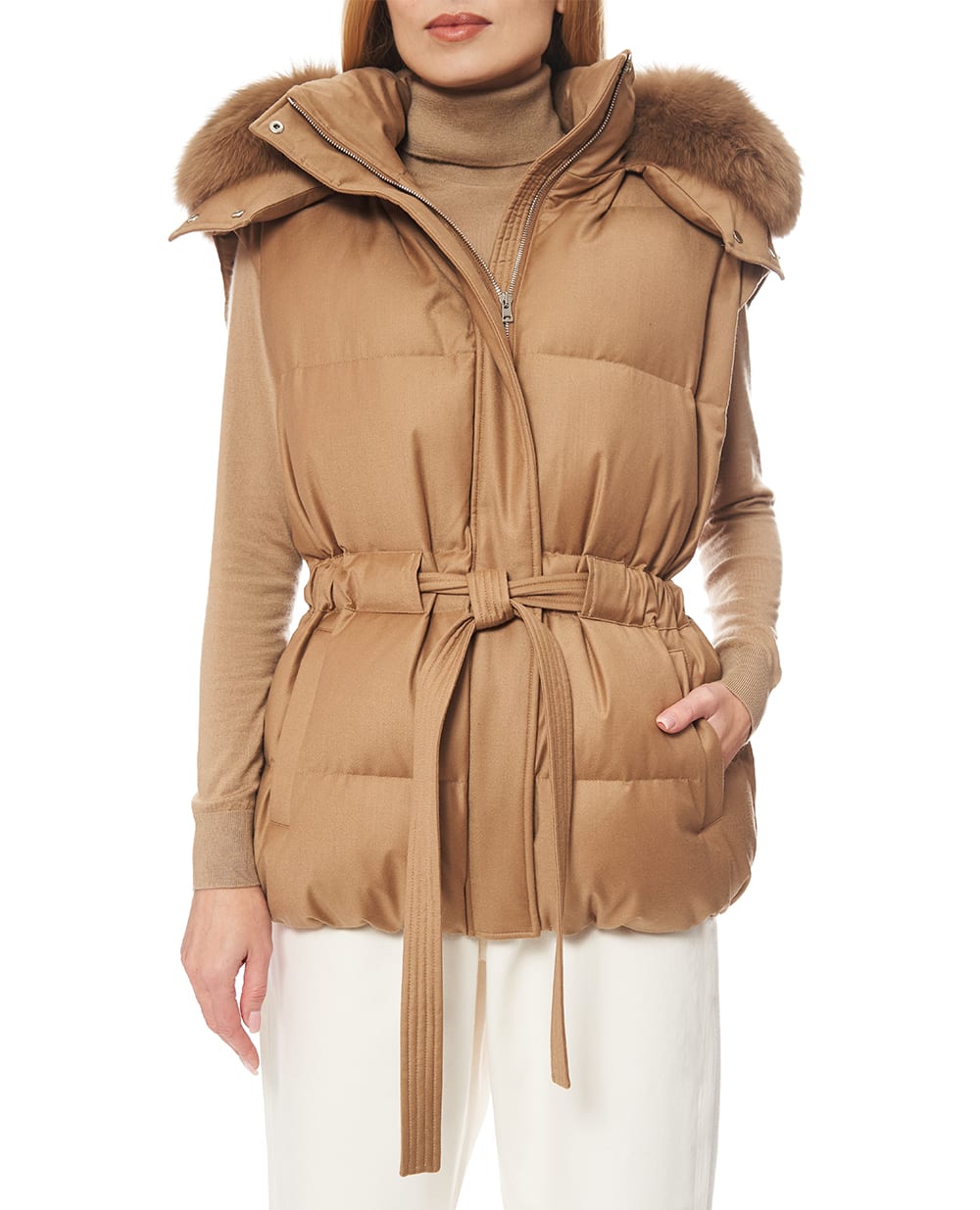 Жилет із вовни та шовку з хутром лисиці Yves Salomon 26WAG01472WO2W, бежевий колір • Купити в інтернет-магазині Kameron