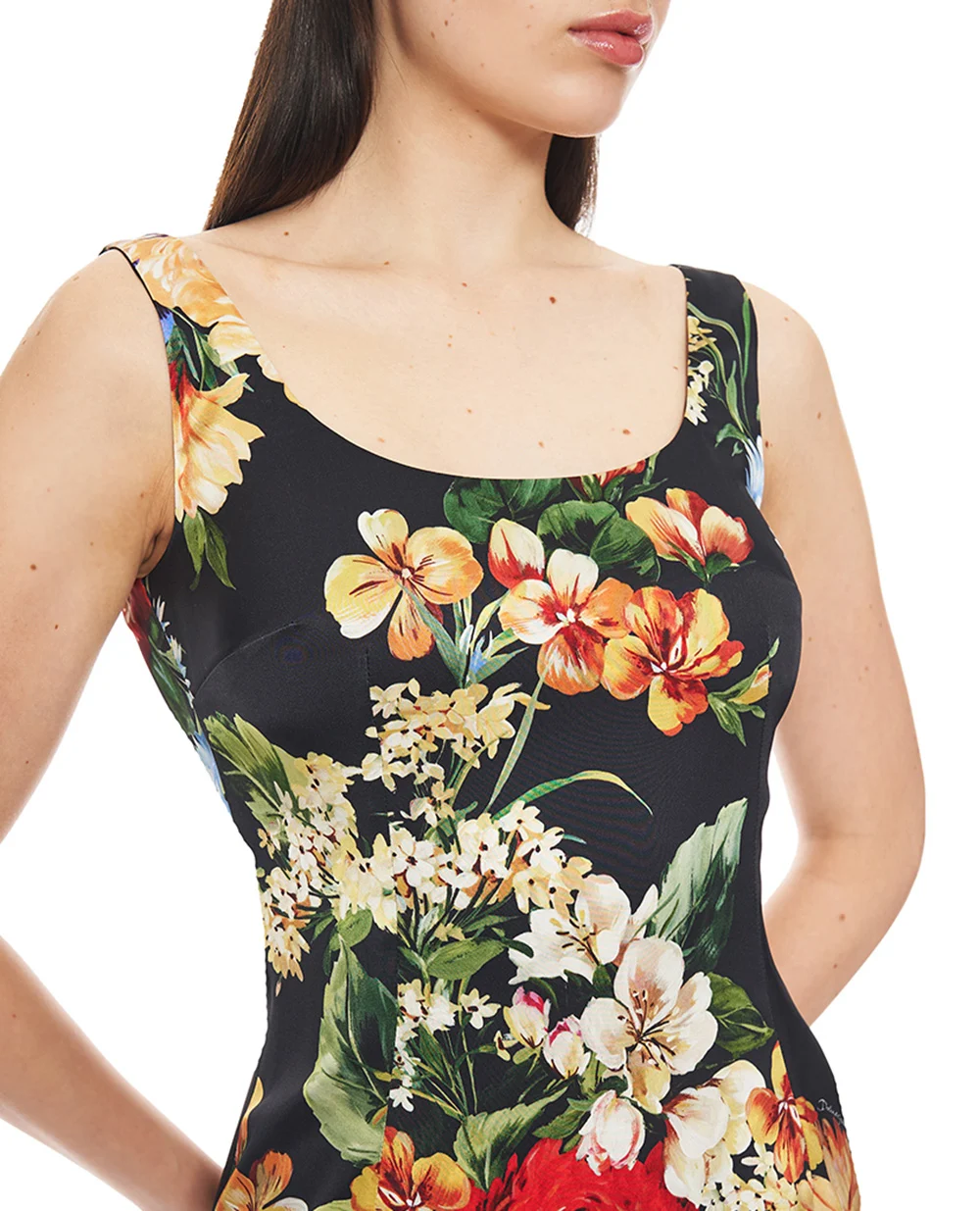 Сукня з атласу з квітковим принтом Dolce&Gabbana F6EAWT-FSIB3, чорний колір • Купити в інтернет-магазині Kameron