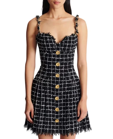 Balmain Твідова сукня з ланцюжками на бретелях - Артикул: GF1R5163XL62