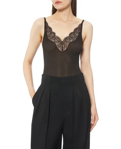 Saint Laurent Майка из шелка с кружевной отделкой - Артикул: 796843-Y37SM