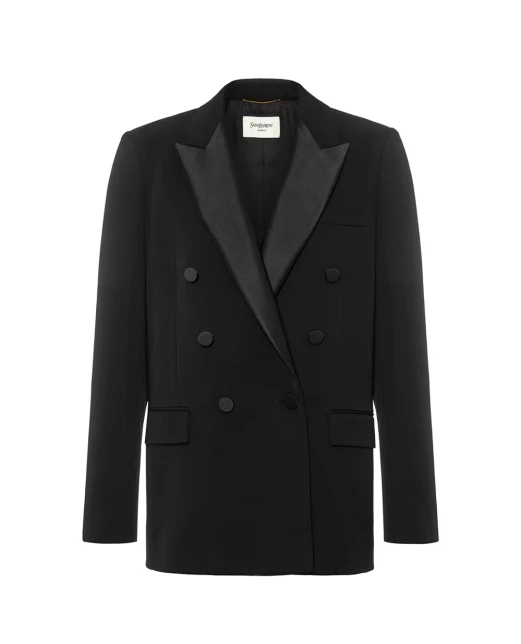 Saint Laurent Двобортний жакет із атласними лацканами - Артикул: 837658-Y7E63