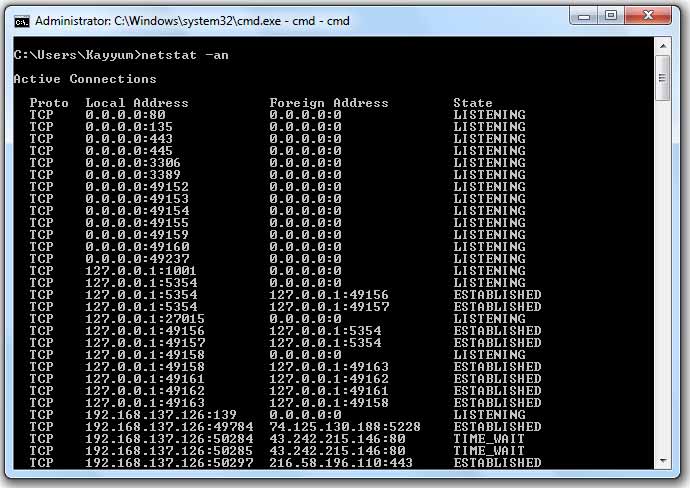 netstat -an command in windows command prompt