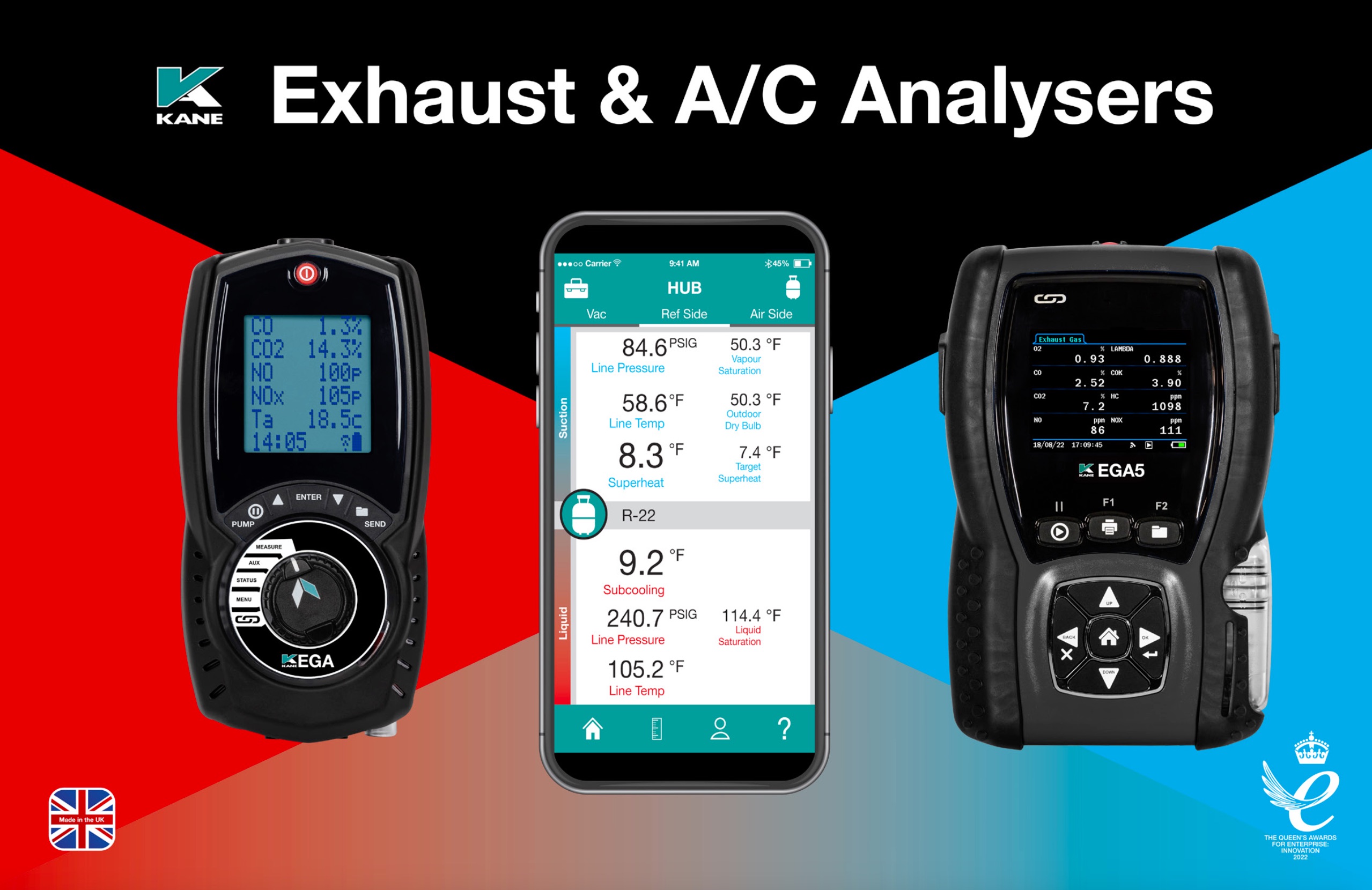 Exhaust & A/C - Essential Instruments with Outstanding Service

Handheld analysers designed & made in UK. 

KANE analysers test engines in road & non road applications - commercial & personal vehicles & motorbikes, off road applications including marine engines, compressors & generators for emissions safety, engine performance & efficiency.

Test engines using light oil / diesel, petrol or gases & user fuels.

Test vehicle IAQ safety, CO & engine leaks, system pressure & temperatures.

Measure O2, CO, CO2 & HC with NO, NO2, SO2 & H2S options, calculating lambda, excess air & engine efficiency, excess air & NOx

See, save & send results to KANE LIVE app for android / IOS or optional KANE infrared printer.

Features include unique rotary dial & large display for easy operation, automatic tests for diesel engine smoke emissions, in vehicle or commercial building CO migration & leaks, long life rechargeable batteries & filters, protective rubber sleeves and choice of probes for different engine exhausts.


KANE LINK is our wireless measurement & future proof promise - wirelessly test flow & return temperatures, in vehicle or commercial building ventilation IAQ, airflow & humidity with simultaneous air conditioning & rerigeration superheat & subcool calculation.


KANE analysers have KANE CARE - our promise to never let you down or your money back.


KANE CARE includes our 10 year warranty, same day service & recertification guaranteed, free overnight next day tracked delivery both ways and 50% off a new analyser if yours is stolen. 


KANE CARE also guarantees all inclusive prices for 20 years - the price you see is the price you pay. 