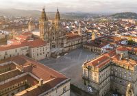 Aerial view of the cathedral of santiago de compostela at sunrise in galicia