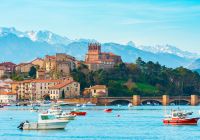 Panoramic views to san vicente de la barquera traditional village at cantabria spain
