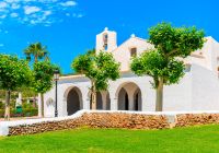 View of beautiful white church in sant carles de peralta village ibiza