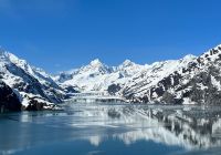 Mountains reflect off the ocean with john hopkins glacier