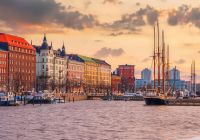 Helsinki city skyline cityscape of finland at sunset