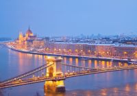 Parliament building and chain bridge at night budapest