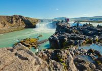 Vista panorâmica cachoeira Godafoss, Islândia