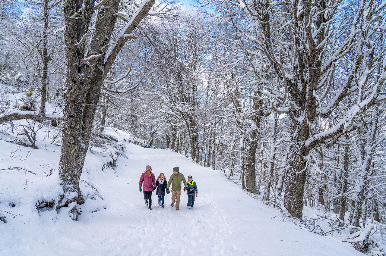 Família caminhando na Neve