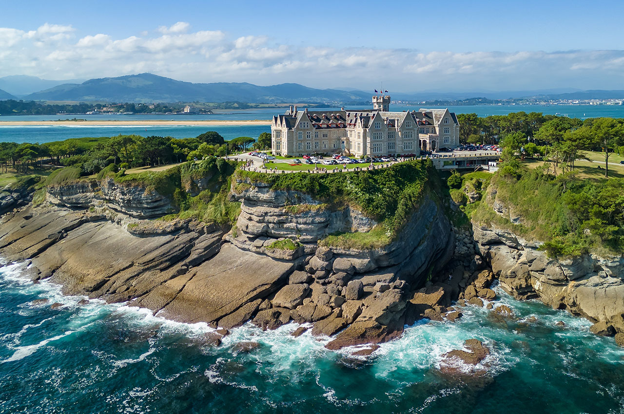 Aerial view of magdalena palace in santander city spain