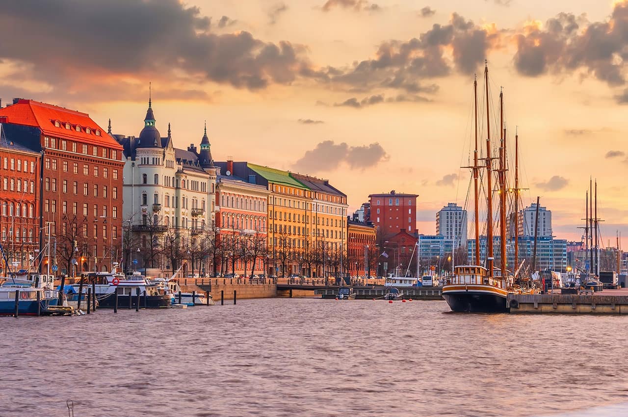 Helsinki city skyline cityscape of finland at sunset