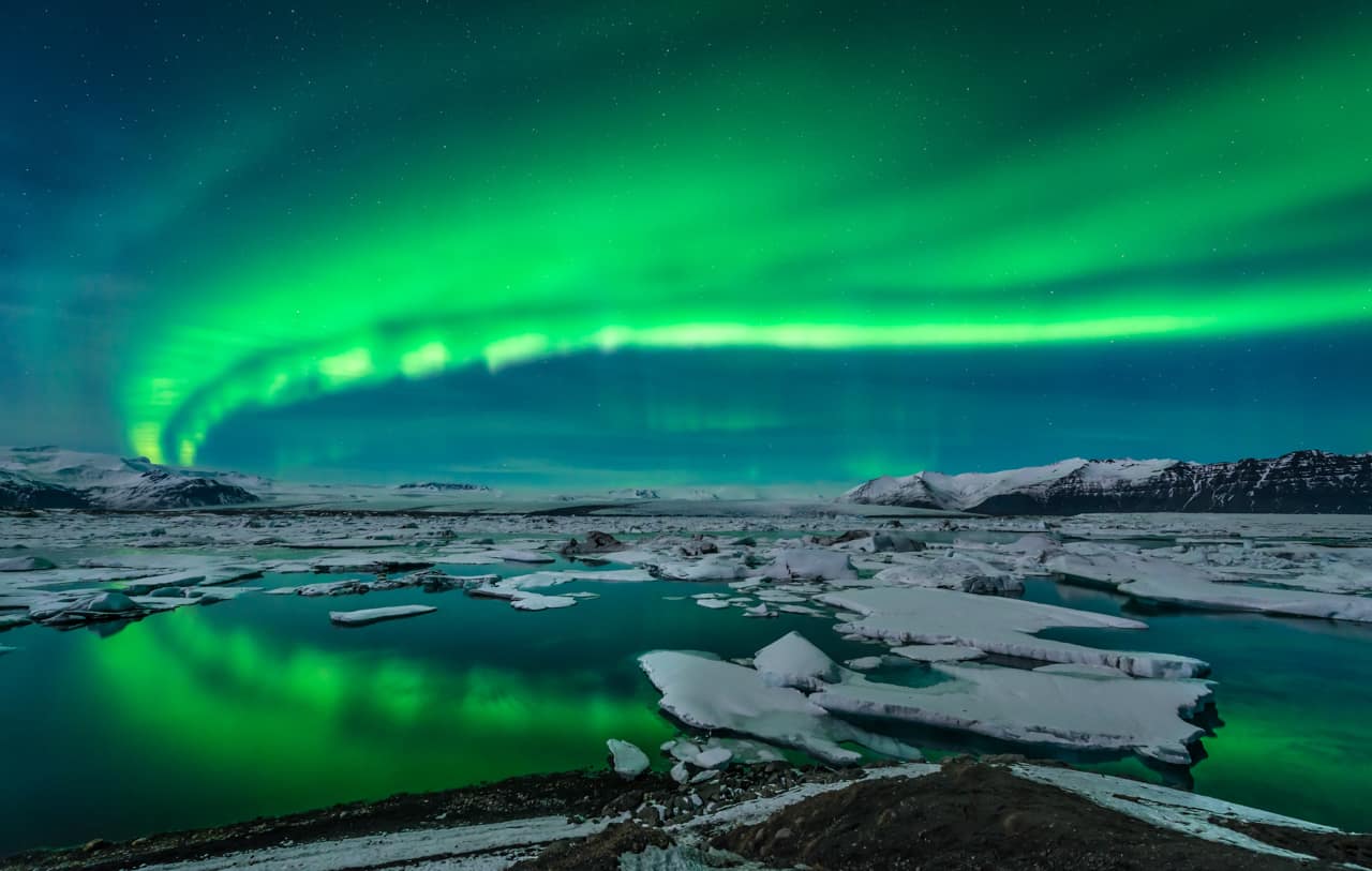 Aurora Boreal, Lagoa Jokulsarlon, Islândia