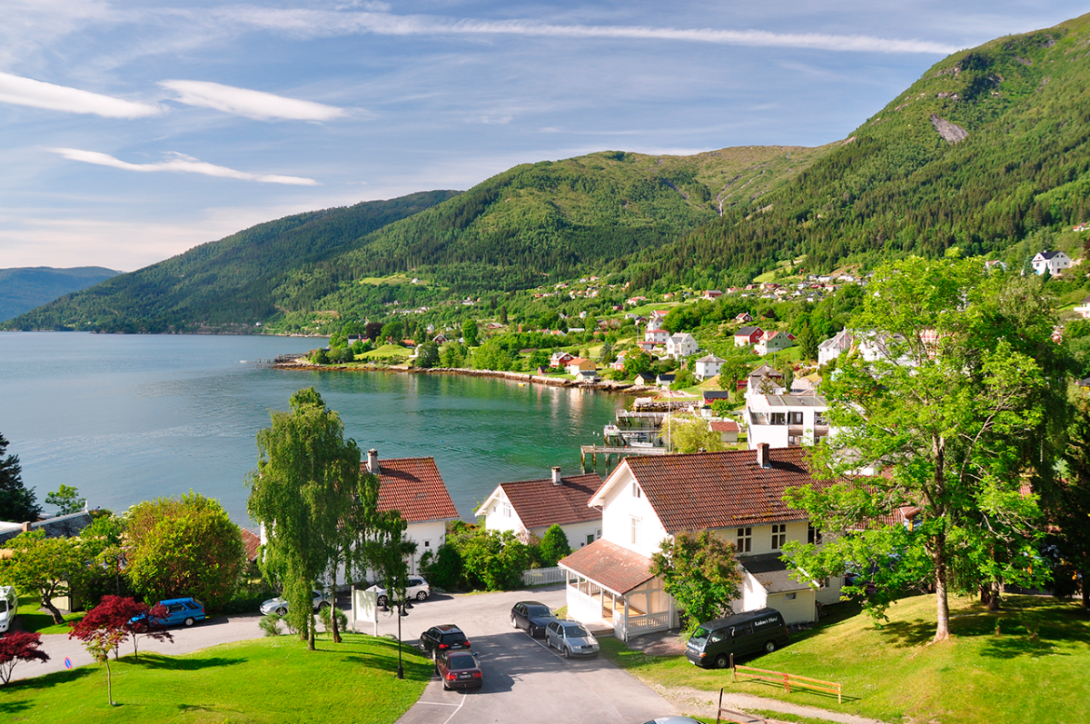 View over Balestrand Village on Sognefjorden Fjord Norway