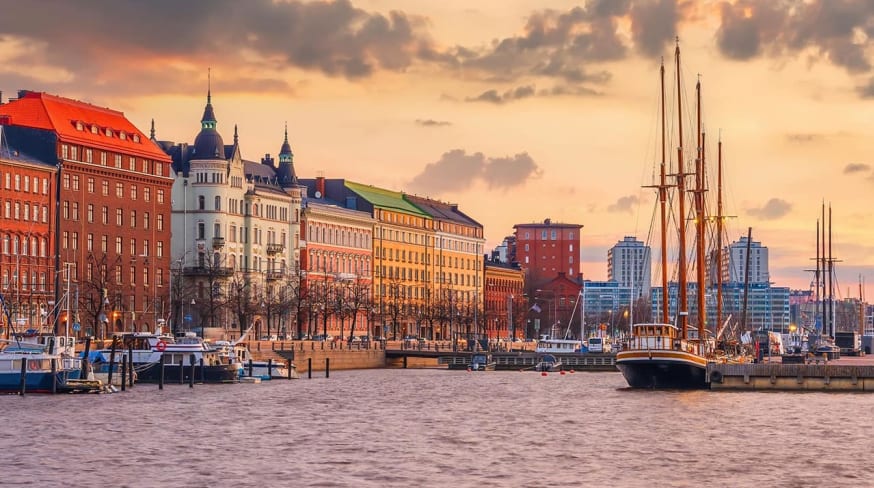 Helsinki city skyline cityscape of finland at sunset