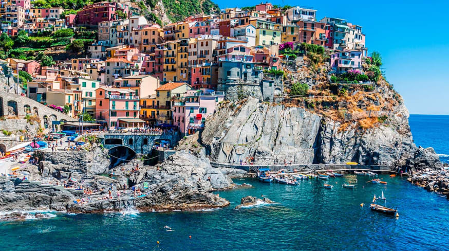 Village of manarola with ferry cinque terre