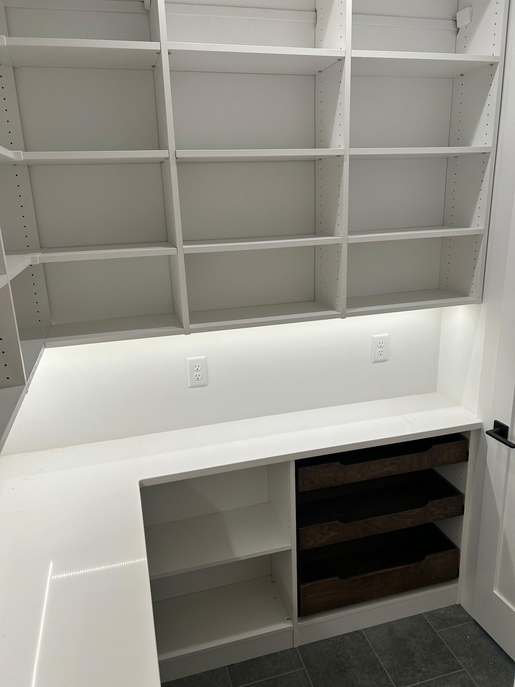 White custom pantry with upper shelves and dark wood lower drawers in Green Bay.