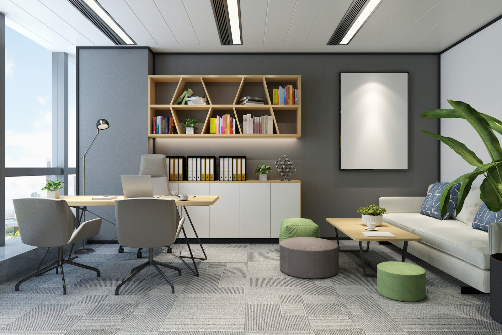 Modern office interior with geometric bookshelves, meeting table, sofa seating, and natural light.