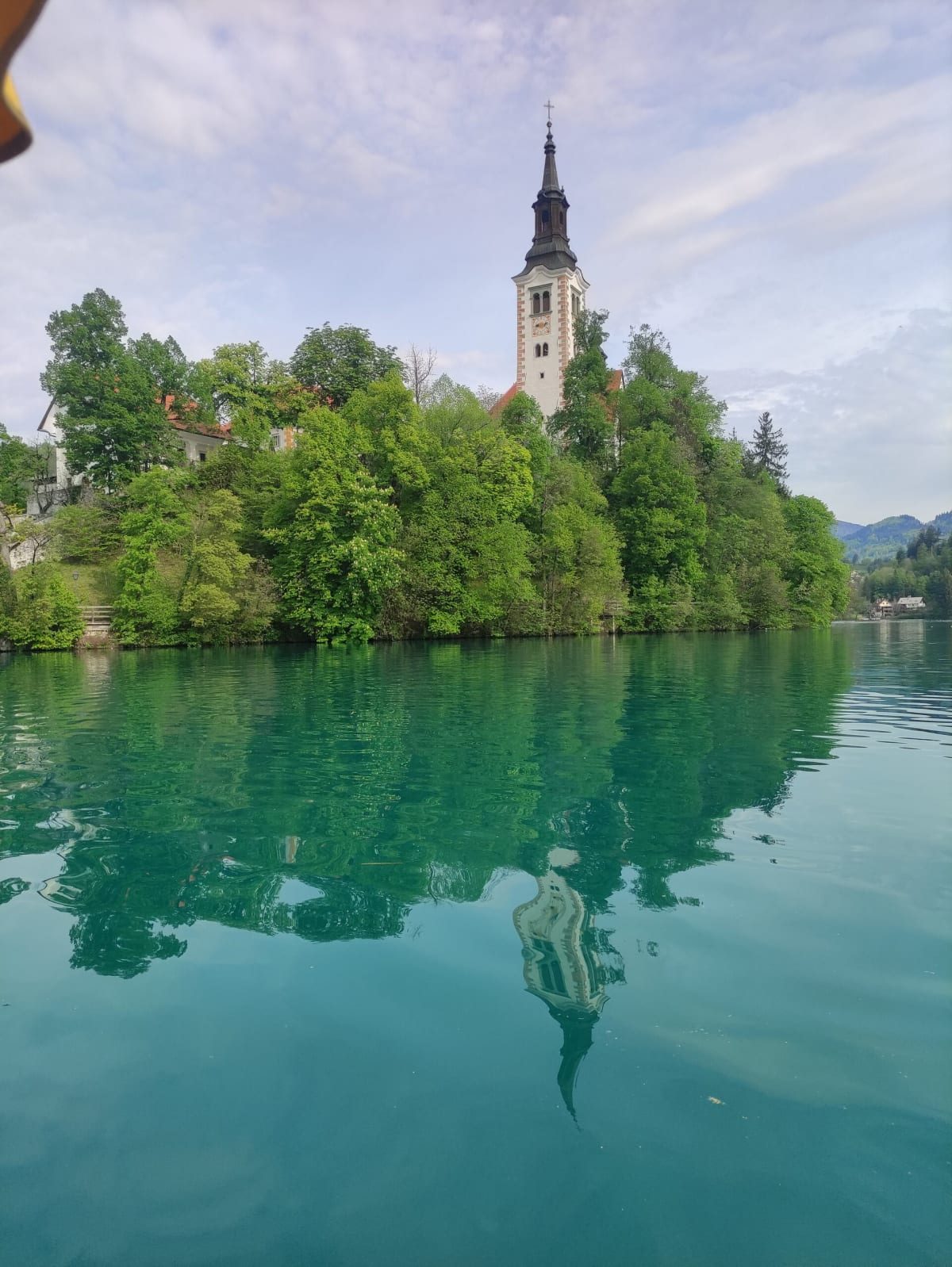 Bled Island close up from the water — the Baroque bell tower of the Church of the Assumption rising out of dense spring greenery, mirrored in the turquoise lake
