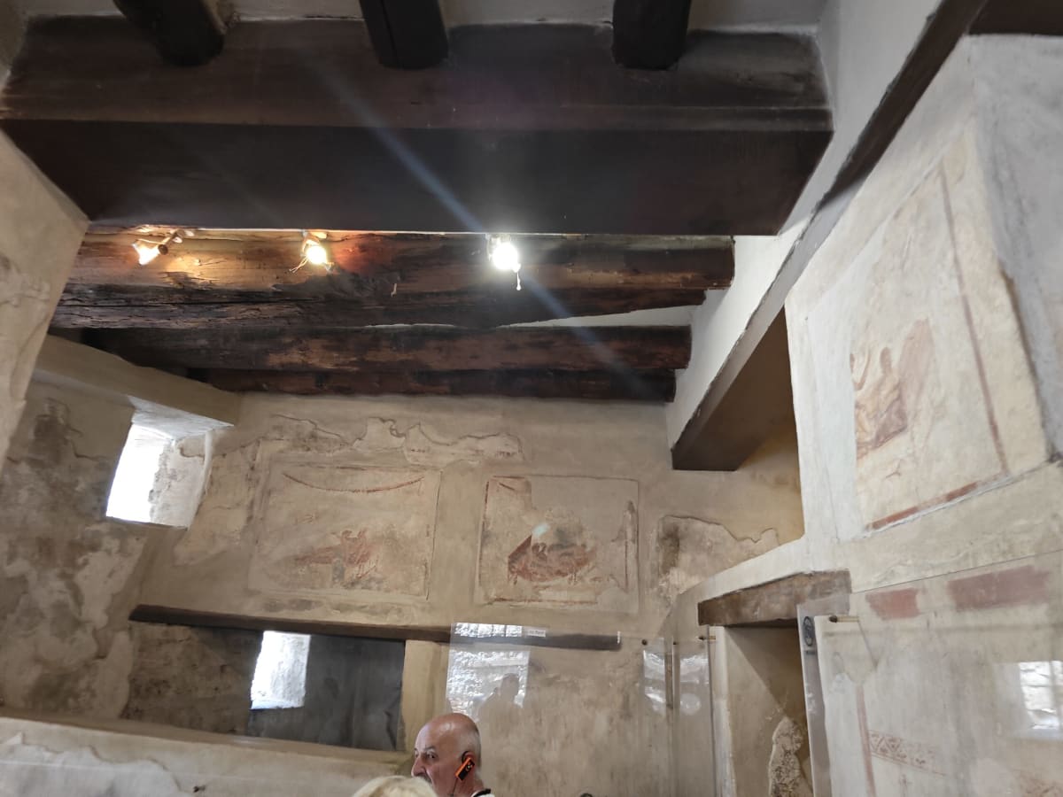 The same fresco-lined chamber under a dark timber ceiling, painted panels on the walls and glass protecting the plaster