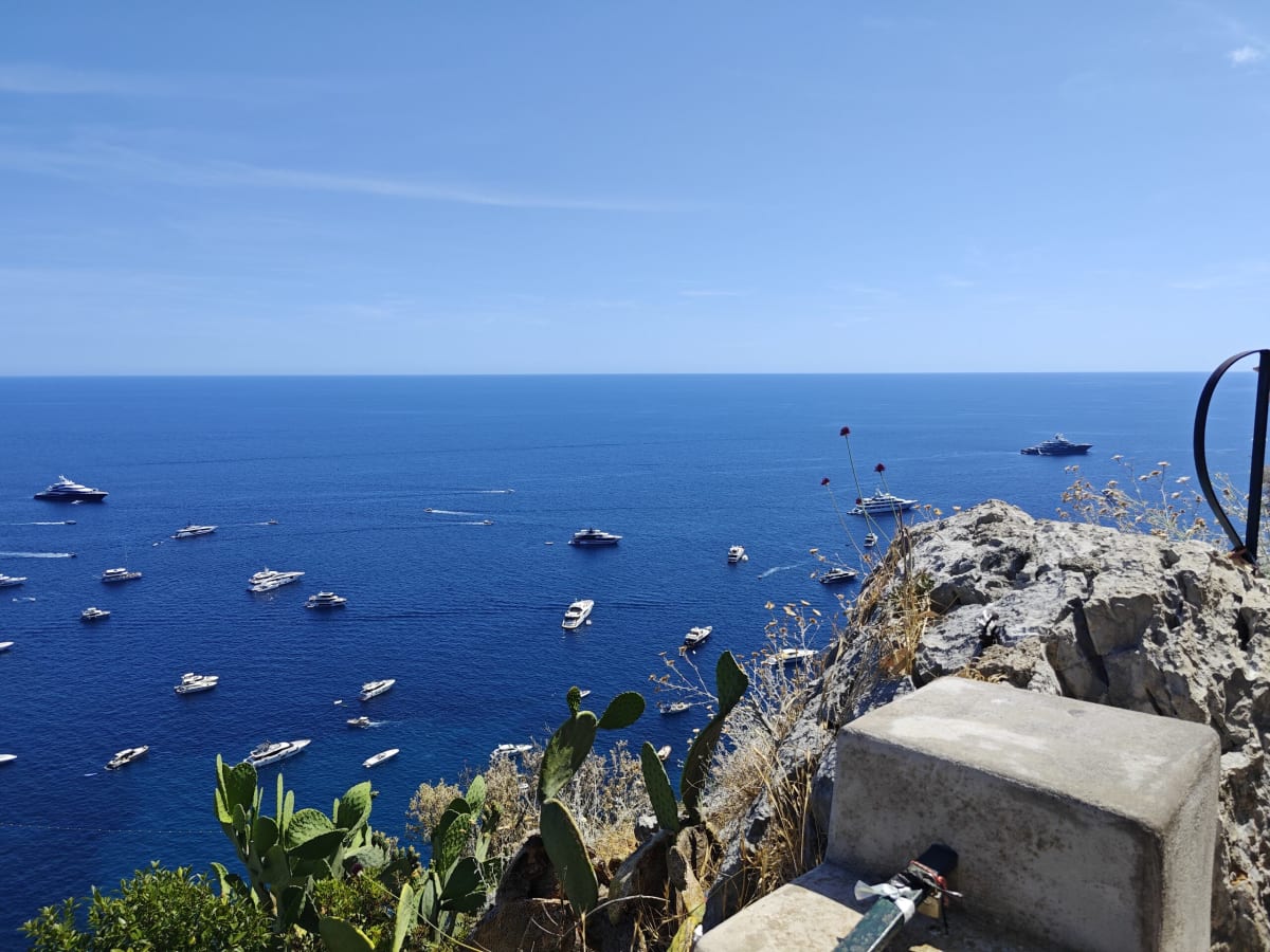 A sheer rock cliff edge and agaves above a wide expanse of blue sea scattered with yachts and motor boats