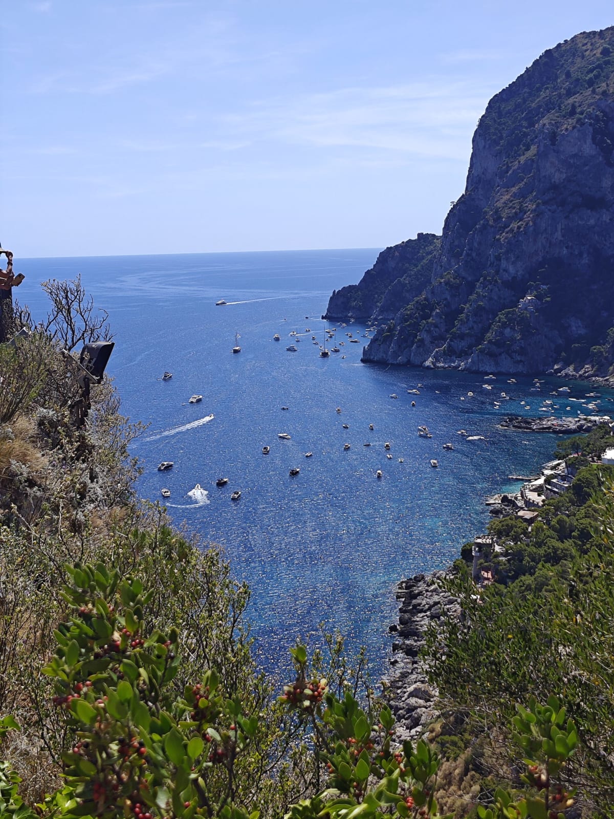 A narrow cove between steep rocky slopes on Capri, boats leaving white wakes on the blue water and a cliff at the right