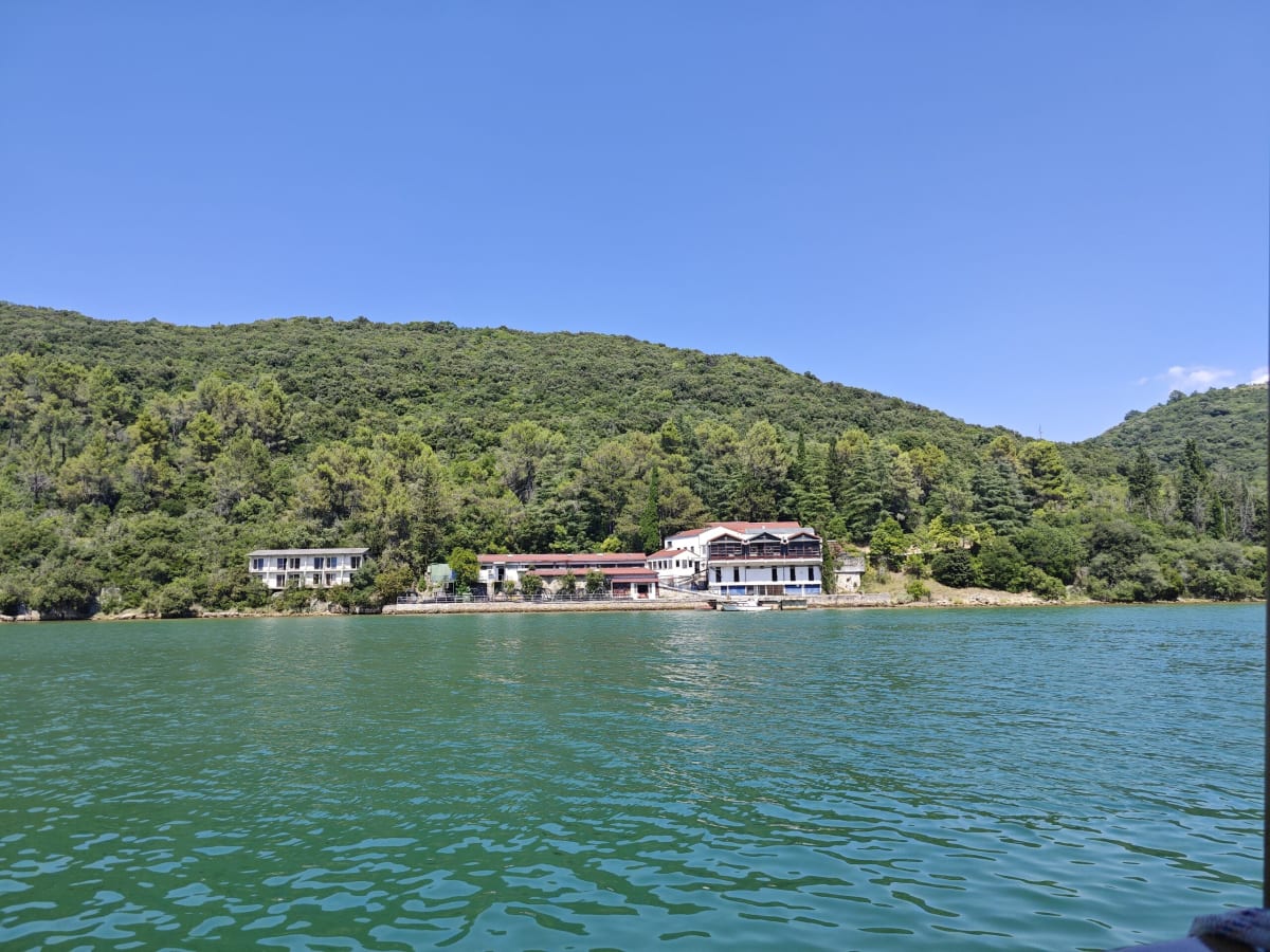 A forested bay with a few white buildings at the shore, the water a deep jade green under wooded hills