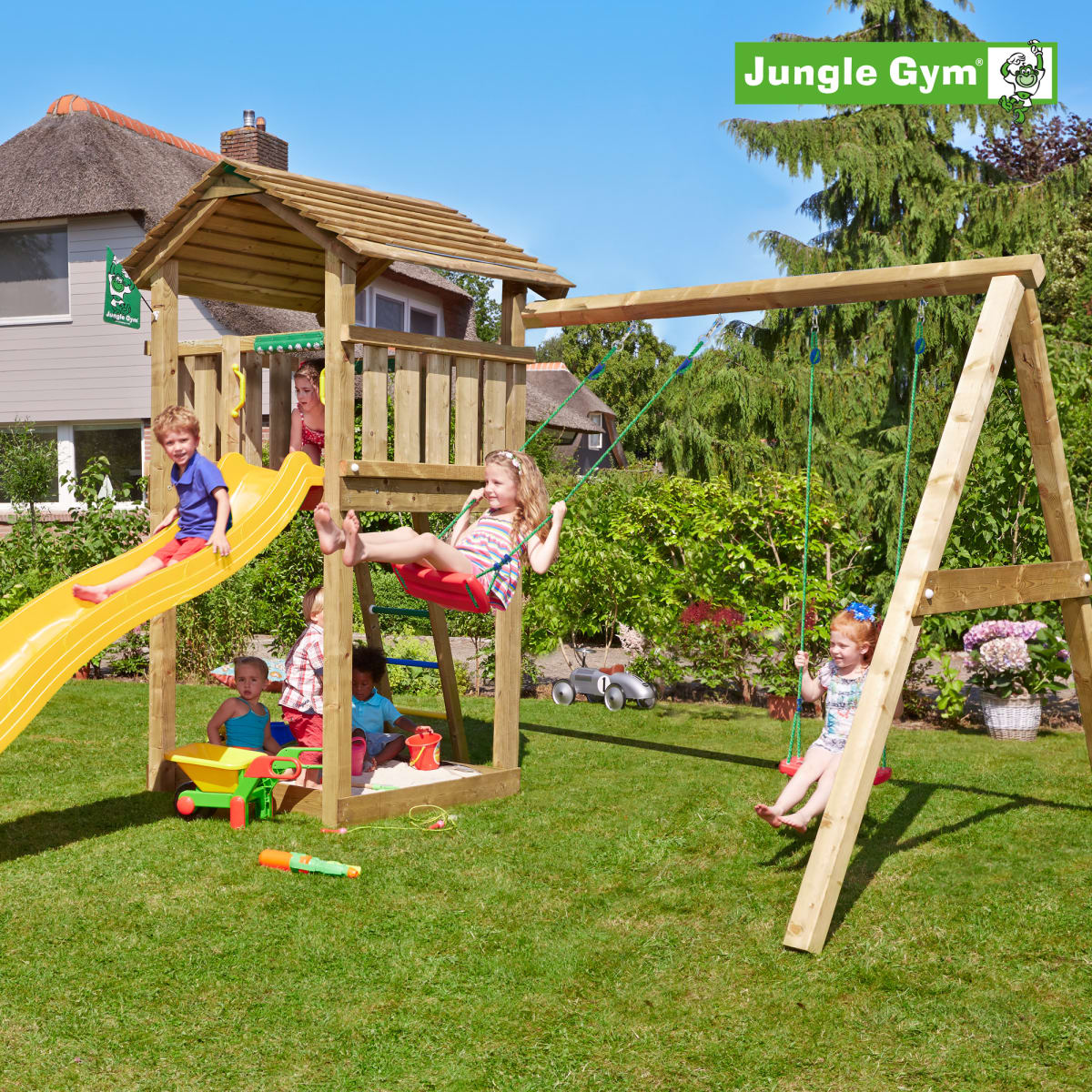 Jungle Gym Cottage leikkitorni ja Swing Module Xtra sekä liukumäki |   verkkokauppa