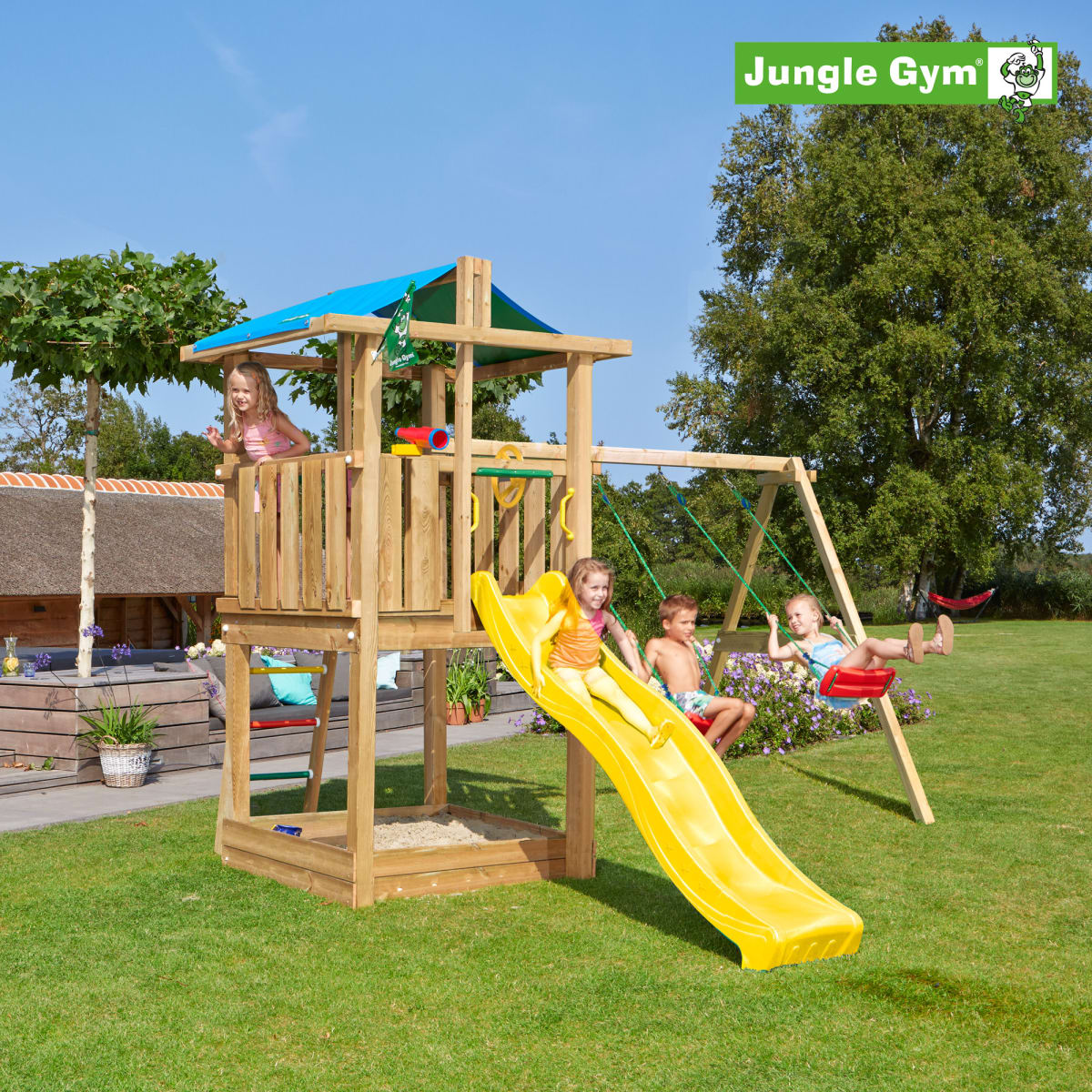 Jungle Gym Hut leikkitorni ja Swing Module Xtra sekä liukumäki   verkkokauppa