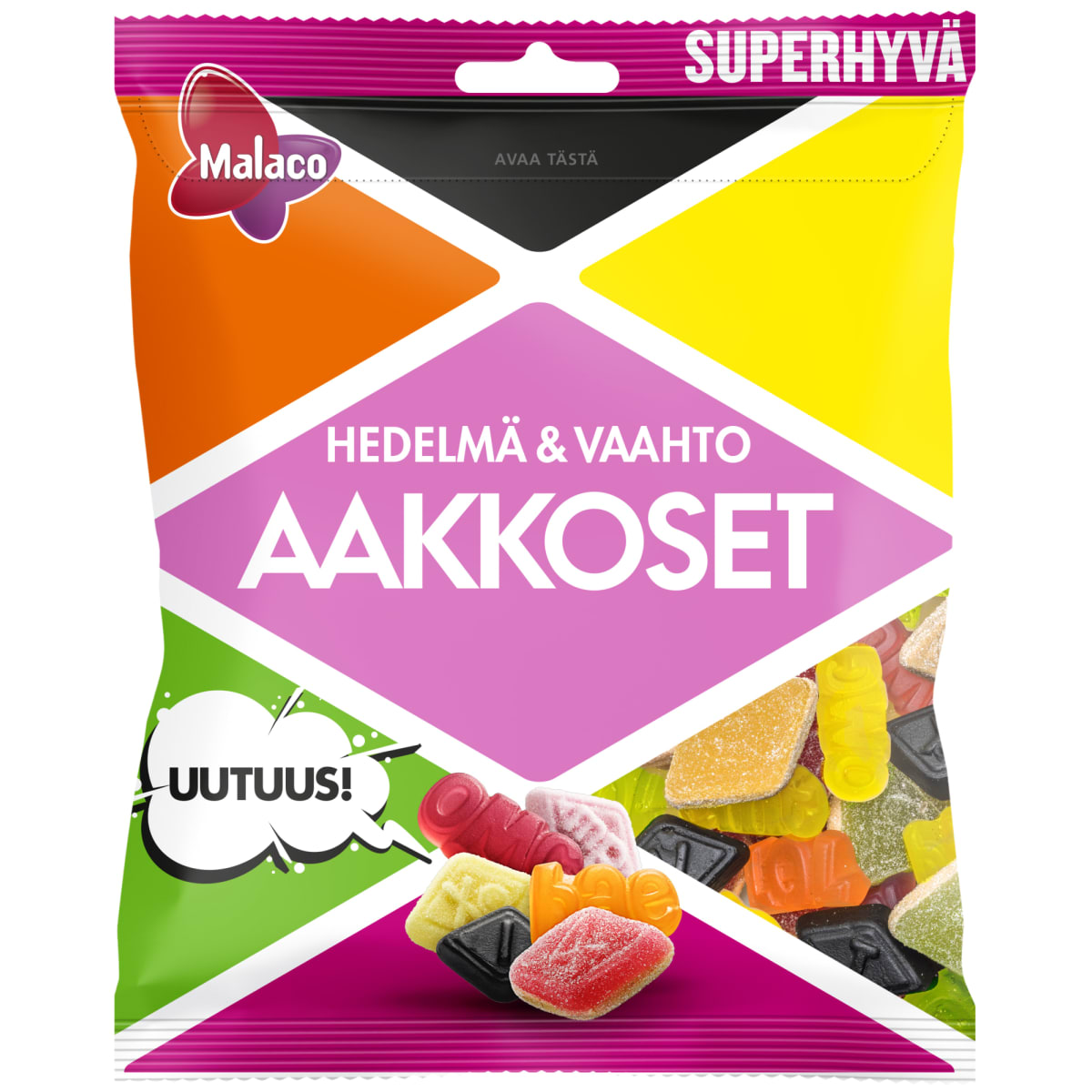 Malaco Aakkoset Hedelmä&Vaahto 315 g karkkipussi   verkkokauppa