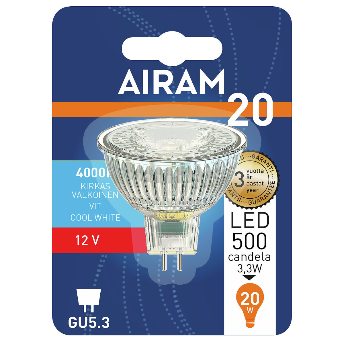 Airam GU5,3 MR16 12V 3,2W 4000K 270lm Led kohdelamppu