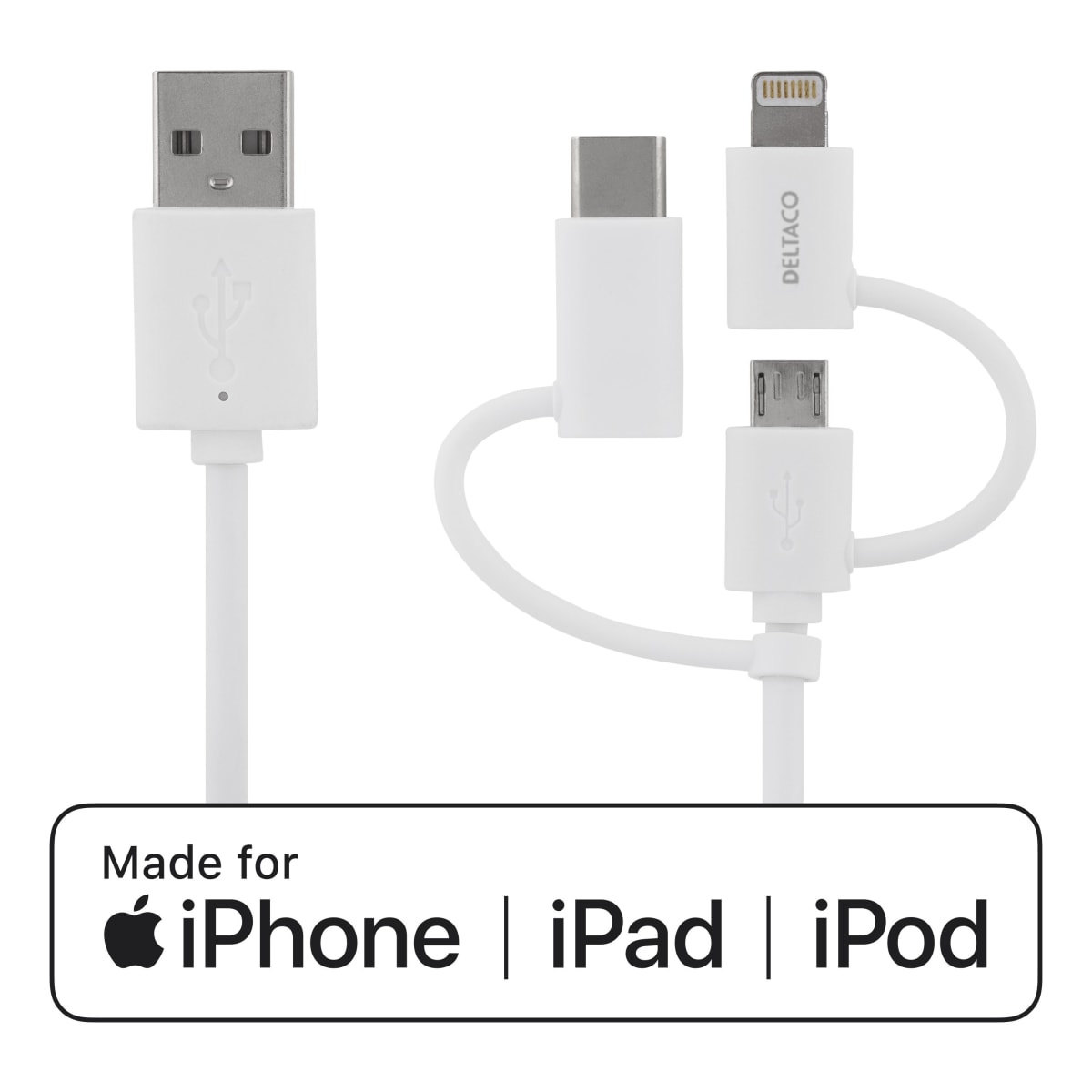 Deltaco IPLH-181 2 m USB - USB-C/MicroUSB/Lightning kaapeli |   verkkokauppa