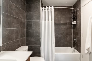 A white toilet and sink sit in the foreground against dark grey tiled walls, with a white shower curtain and bathtub in the background.