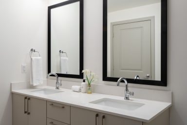 A white double-sink vanity with silver faucets and a small vase of flowers sits in the foreground, while two black-framed mirrors and a white door are visible in the background.