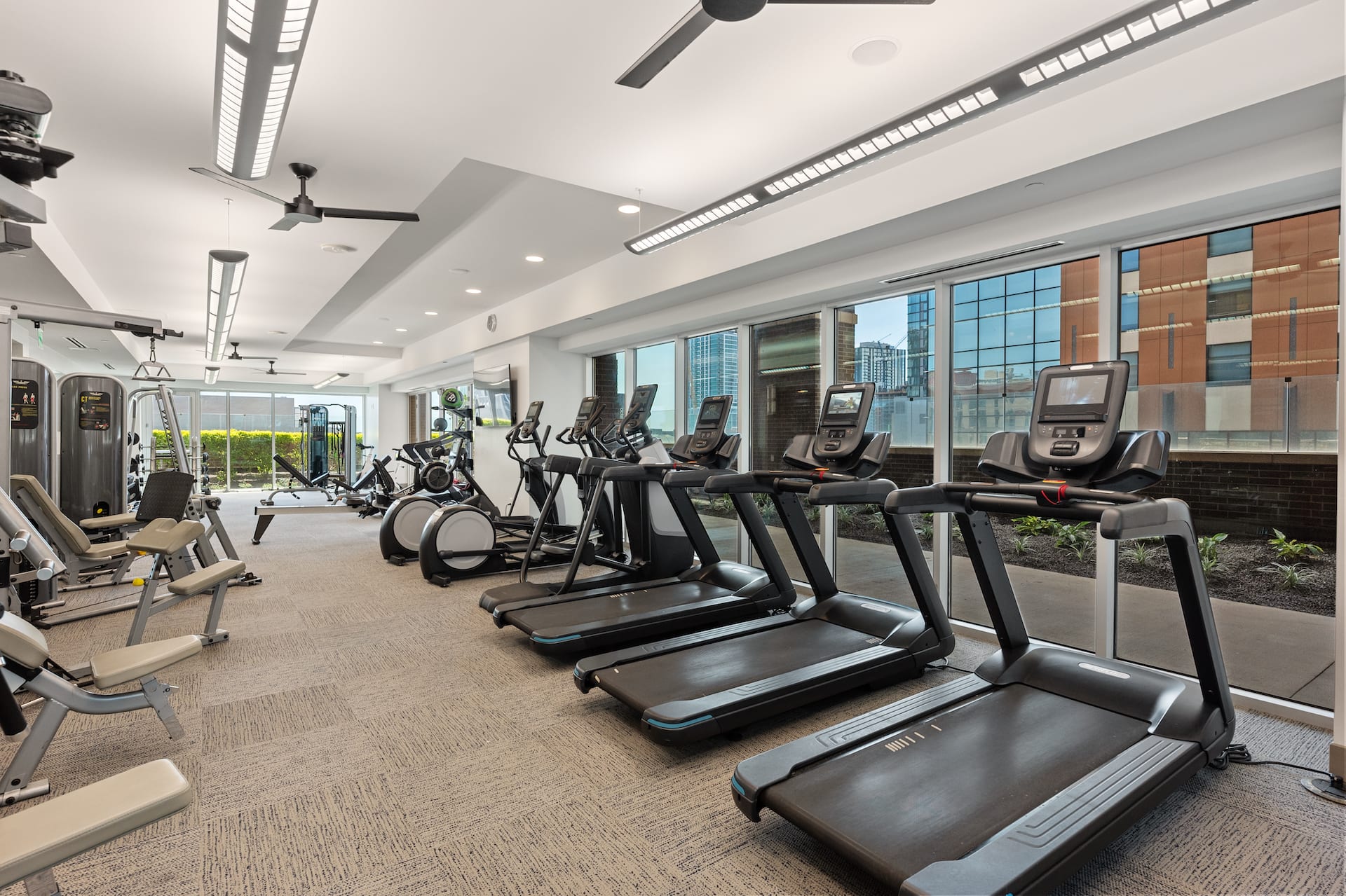 A row of treadmills and gym equipment occupies the foreground of a modern fitness center with large windows overlooking city buildings in the background.
