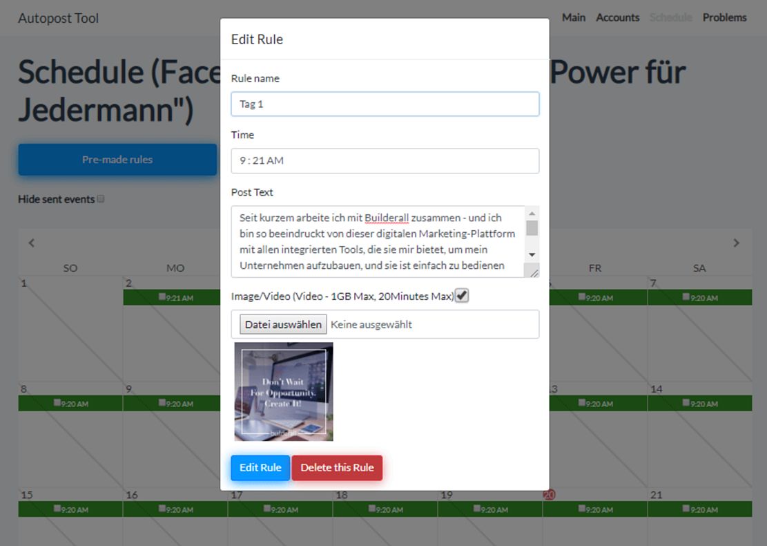 Eingabemaske für ein Posting im Builderall-Postplaner