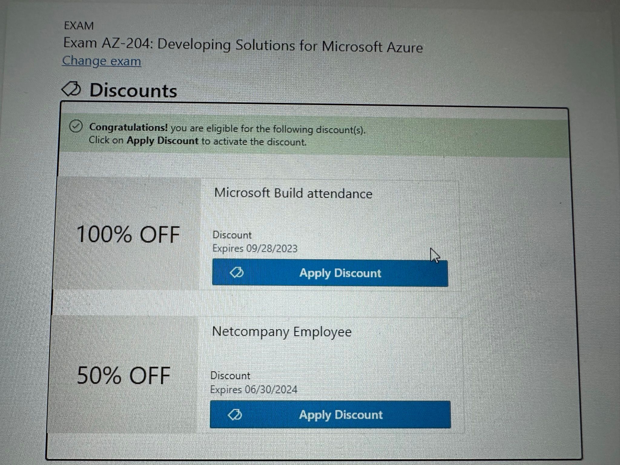 Đợt này mình đăng kí thi bằng code giảm giá từ Microsoft, thi AZ-204 luôn vì mình có AZ-900 ùi.