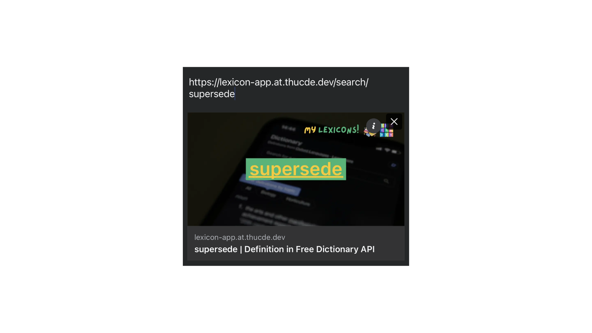 The preview image is generated dynamically based on the word, in this case: supersede.