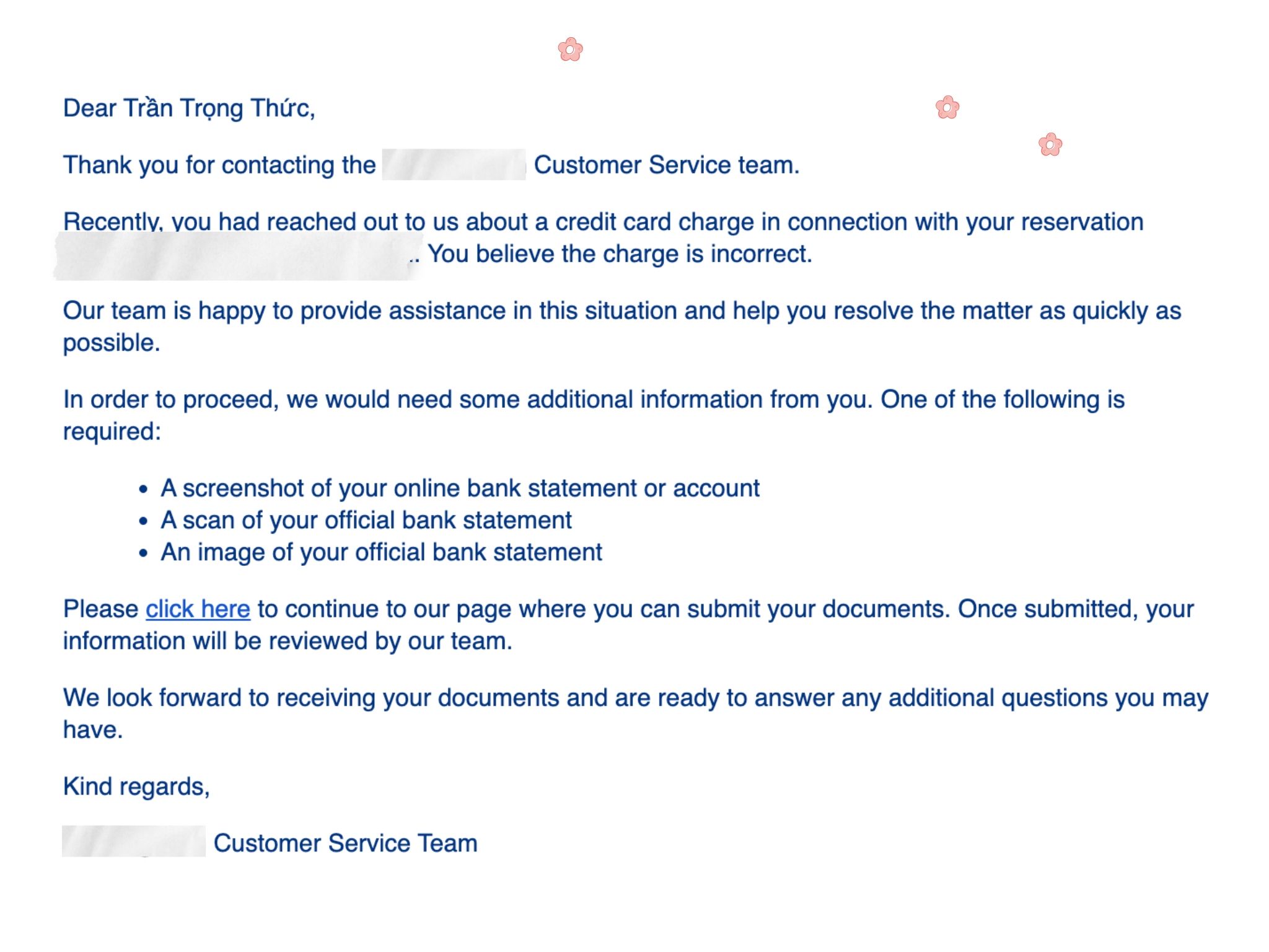Mail phải hồi của họ dành cho sự phàn nàn của mình trước đó.