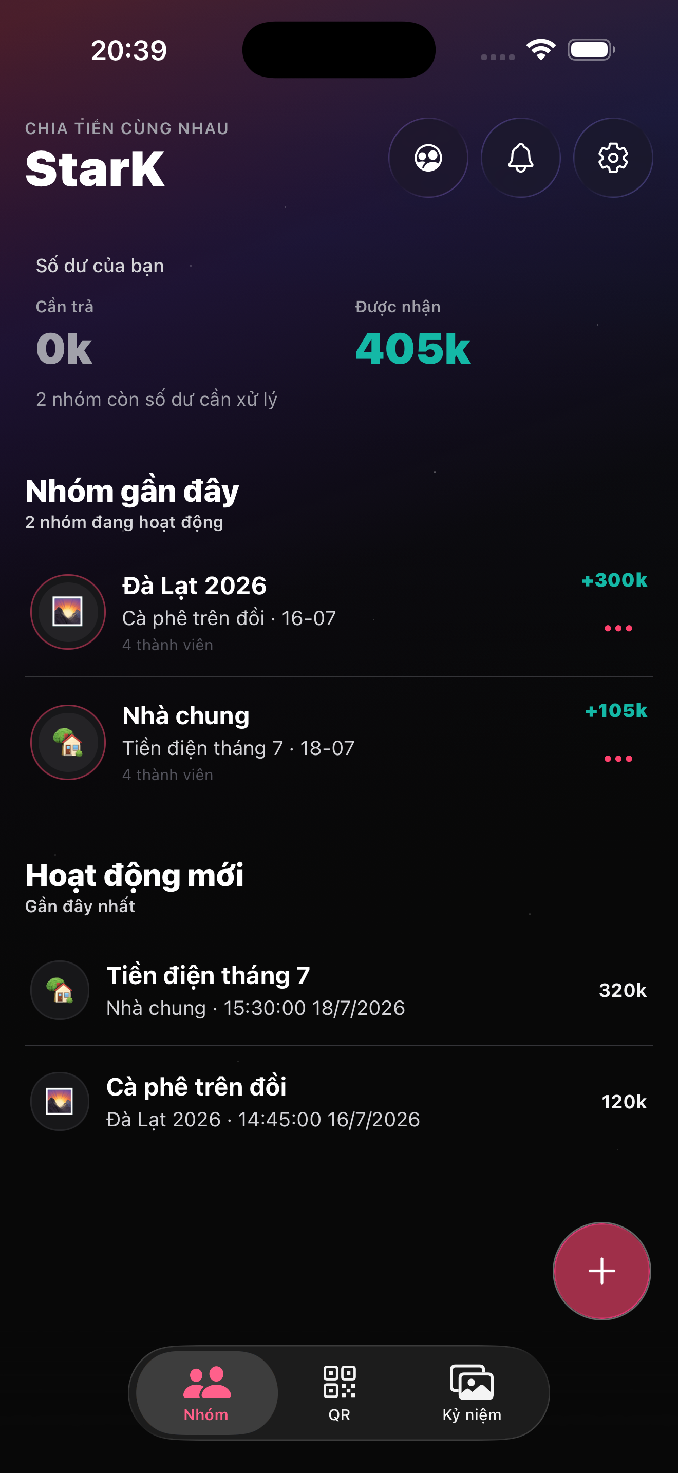 StarK — Màn hình chính nhóm &amp; tổng quan chi tiêu trên iPhone