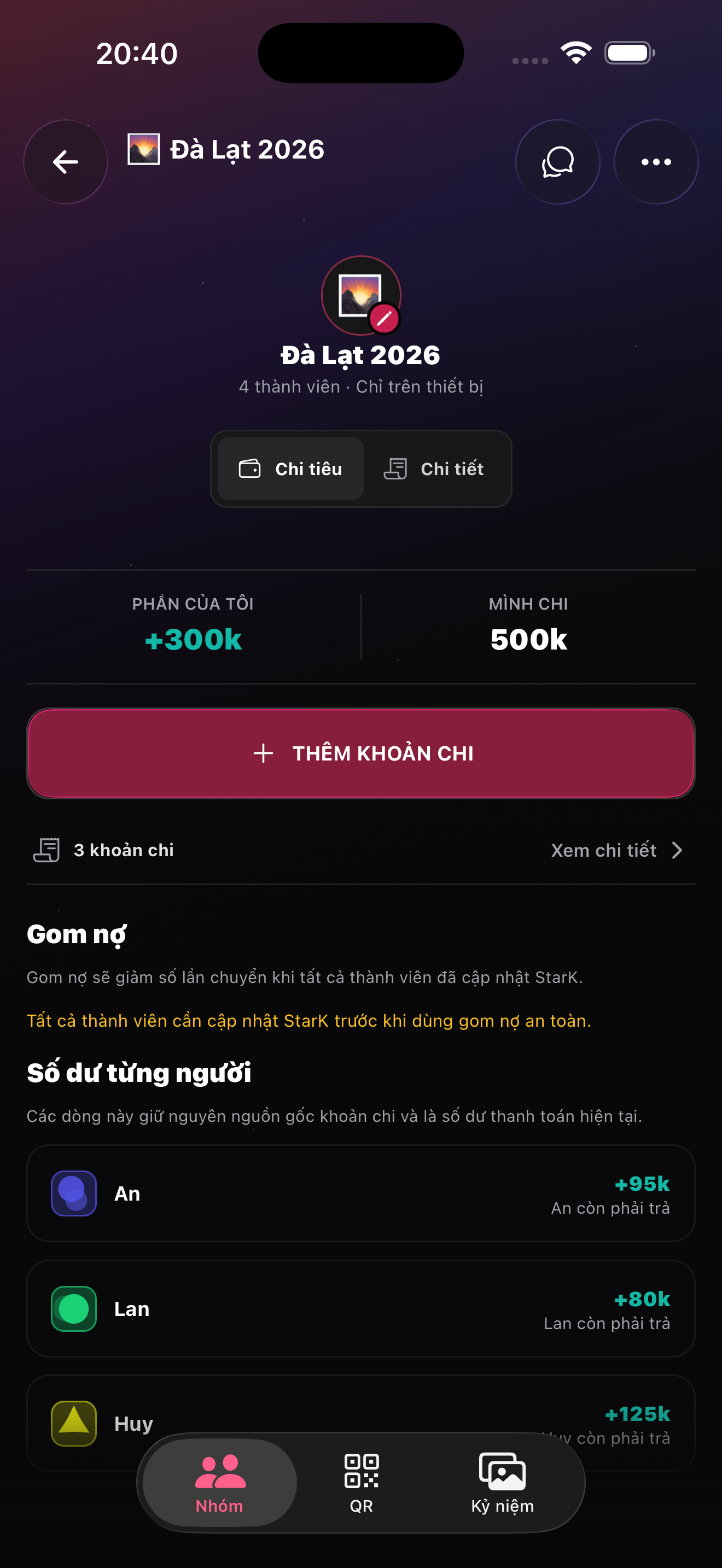 StarK — Chi tiết giao dịch &amp; thanh toán nhóm trên iPhone